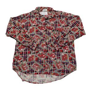 Jaspe Shirt Womens XL Red Plaid Floral Print Button Up Long Sleeve Collared Top